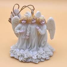 Ganz Three Angels Christmas Ornament White Glitter Wings Roses Base Resin 2