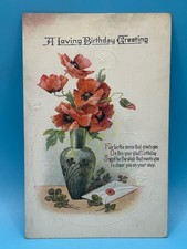 Antique Birthday Postcard Poppies Vase Shamrocks Embossed USA Early 1900s picture
