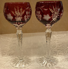 Set of 2 Red/Clear Cut Glass Stemmed Wine Glasses Etched Grapes Pattern picture