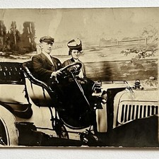 Antique RPPC Real Photograph Postcard Handsome Man & Woman In Prop Studio Car picture