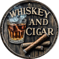 Vintage round Tin Whiskey and Cigar Sign Retro Metal Sign Suitable for Home Stre picture