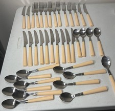 39 Vtg 1980s Stainless Taiwan Cutlery Flatware Set Cream Acrylic Handles Retro picture