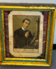 ANTIQUE 19th cent  DOMED GLASS FRAME German print depicting Saint Gerard Majella picture