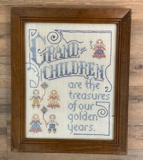 Vintage Cross Stitch Sampler Framed 16”x13” Grandchildren are Treasures picture