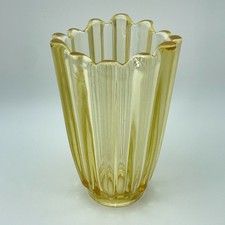 FOSTORIA Yellow Glass Fluted Vase Scalloped Rim Ribbed Art Deco Decor 7.5in picture
