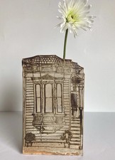 Vintage Jon Carlos Lopez Victorian Bay Window Pottery Slab Planter Vase 7 3/8