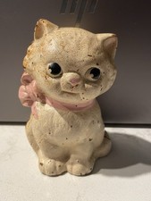 VTG Hubley Cast Iron Kitty Cat Piggy Bank Tiffany Pink Bow - Original Paint #6G picture
