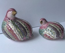 Vintage Hand Painted Ceramic Quail Figurine Pastel Pink Green Purple Gold Accent picture