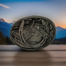Vintage 1995 Siskiyou Buckle Co Horse Horseshoe Pewter Western Belt Buckle M-2 U picture
