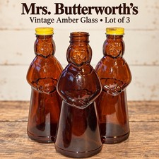 Vintage Mrs Butterworth’s Amber Glass Syrup Bottles Lot of 3 w/ 2 Yellow Caps picture