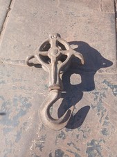 Antique C.J. Cast Iron Hay Trolley Single Pulley with Rotating Swivel Hook picture