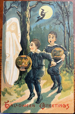 Vintage Scared Little Boys Ghost Witch Moon Jack OL Antique Halloween Postcard picture
