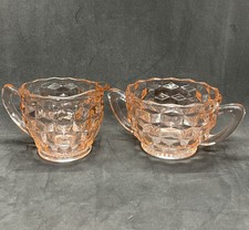 Jeannette Glass Creamer Sugar Bowl Set Pink Depression Cube Cubist Art Deco picture