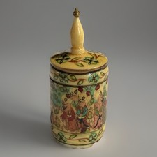 Unique Mughal Art Mini Trinket/Snuff Cylinder w/Lid Faux Bone? Hand Painted VNTG picture