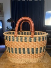Large Handwoven African Bolga Market Basket Leather Handle green Pattern Tote picture