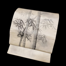 【NAGOYA OBI】Japanese Kimono Silk Nagoya Obi / White / Bamboo & Sasa / Antique picture