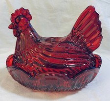NEW Ruby Red Glass Hen Chicken Nest 7” W x 8.5” L x 7” H Candy Display Dish picture