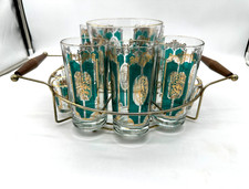 VTG Hazel Atlas Rare Bar Set, Turquoise & 22K Gold Glass Highballs & Shot Glass picture