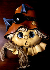 Vintage Ceramic Hand Painted Halloween Fall Scarecrow Head Face and Pom Pon Bat picture