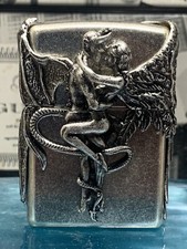 Zippo Angel Devil Wing Antique Silver Heavy Zippo Lighter In Wood box NEW Japan picture