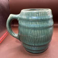McCoy Pottery Barrel Coffee Mug Green Glaze Marked with a 4 in shield on bottom picture