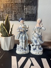 Vintage Norleans Japan Victorian Couple Figurines Blue White Gold Porcelain Pair picture